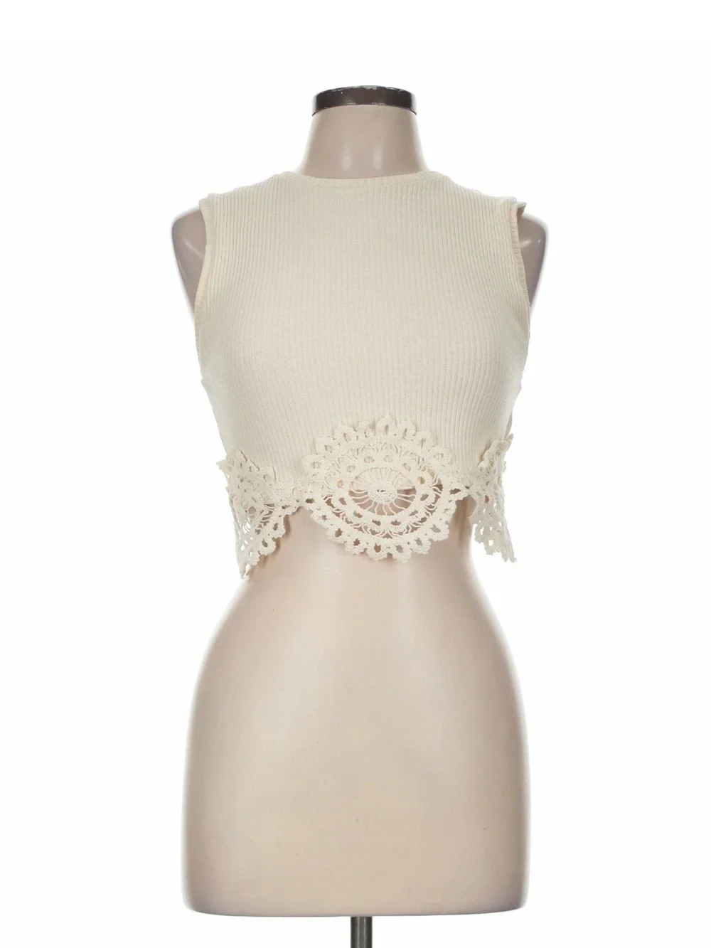 Zara Cream Ribbed Crochet-Hem Crop Top